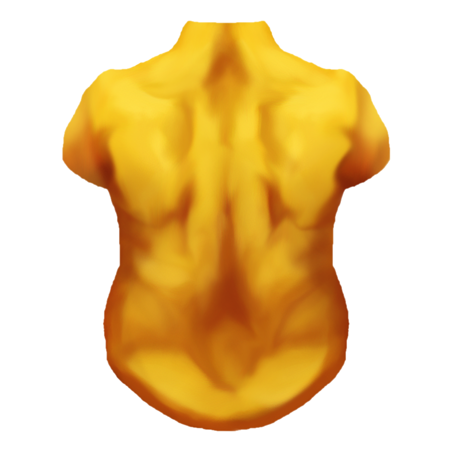 Proposed back emoji: An anterior view of a gender-neutral human abdomen with spine, trapezius muscle, latissimus dorsi muscles, shoulders, waist, and hips, colored with unrealistic yellow skin tone.